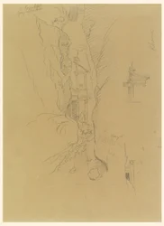 Ritning, El Khasneh från Sik, Petra, slutet av februari 1868