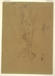 Ritning, El Khasneh från Sik, Petra, slutet av februari 1868