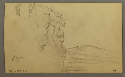 Ritning, El Yemen-dalen, Arabien: Klippvägg med den övre delen som liknar en rad kolonner, 20 februari 1868