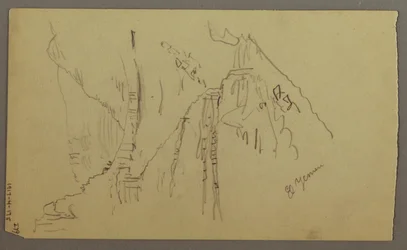 Ritning, El Yemen-dalen, Arabien: Vy över den slingrande dalen med en karavan, 20 februari 1868