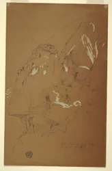 Teckning, Nedfallen sten fångad på bråte, El Yemen, 2 mars 1868