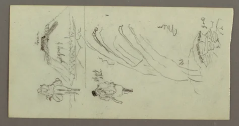 Teckning, Figur ridande på kamel, Figur alkande, Hilside, och Hilltop, möjligen 1868