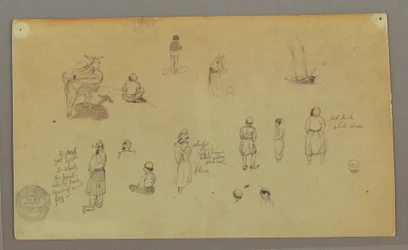 Teckning, Figurstudier, Packåsnor, Segelbåt, möjligen 1868