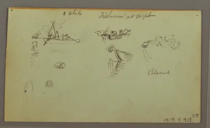 Teckning, Figurstudier, Packåsnor, Segelbåt, möjligen 1868