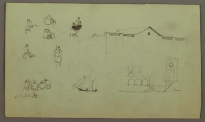 Teckning, Figurstudier, Segelbåt, Arkitekturstudier, möjligen 1868