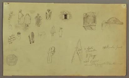 Teckning, Figurstudier, Fönsterflagga, möjligen 1868