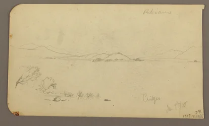 Teckning, Figur och oxkärra, Cypresser; Verso: Vy över Cuitzeosjön, januari 1885