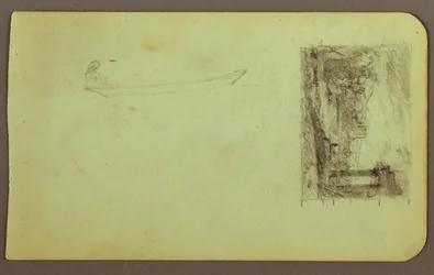 Teckning, Figur i jolle, Skiss till målning; Averso: Inskriptioner, december 1883