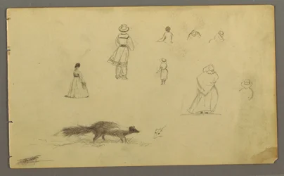 Teckning, Figurstudier bakifrån, en skunk, möjligen 1857-58