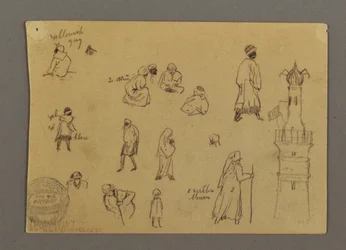 Teckning, Figurer och ett signaltorn, Egypten, möjligen 1868