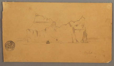 Teckning, flytande isberg med segelbåt, möjligen 1859