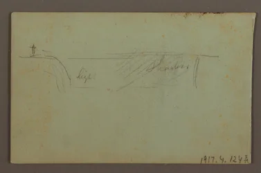 Teckning, blommande växt och en sten mellan de amerikanska och kanadensiska fallen vid Niagara, möjligen 1858