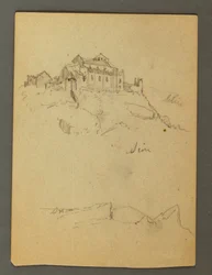 Ritning, befästning av klipptoppar, Sion, Rhônedalen, möjligen 1868
