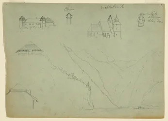 Teckning, Från Salzkammergut, Österrike och Konigssee, nära Berchtesgaden, Bayern, juli 1868