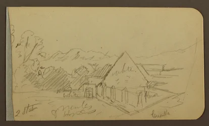 Teckning, Trädgård, Hus, Cuautla; Verso: Kyrka, Ladugård, Cuautla, februari 1885