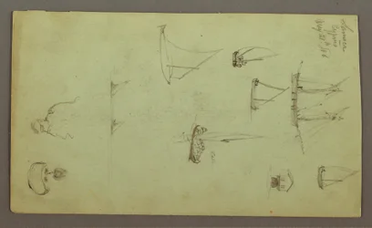 Teckning, Huvud av en man, Man som röker, Segelbåtsstudier, Hus, 27 maj 1868