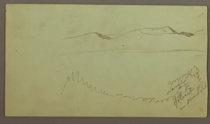 Teckning, bergskedja över en slätt, möjligen 1868