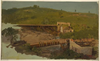 Teckning, kulle med viadukter och kvarnruiner, nära Catskill, New York, ca 1865
