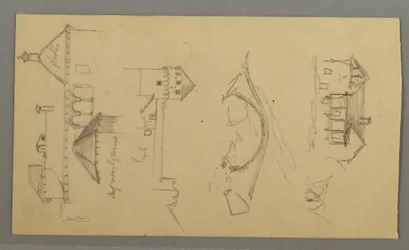 Ritning, Hus, bro, slott, hustak, augusti 1868