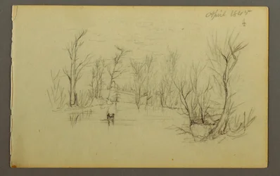 Teckning, Htakie () Pond, två personer i kanot, 1845