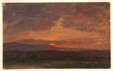 Teckning, Hudson Valley, New York med solnedgång bakom Catskill Mountains, 1855-65