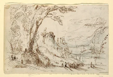 Teckning, Imaginärt landskap med klassiska ruiner, ca 1845