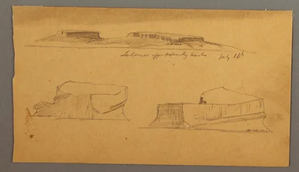 Teckning, Ö utanför Henly Harbor och två flytande isberg, 16 juli 1859