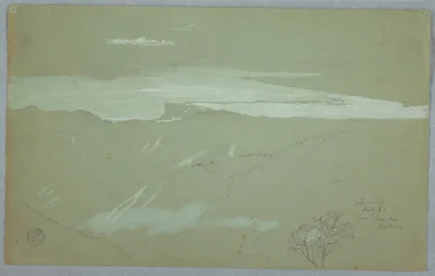 Teckning, Jamaicas kust och himmel sedd från närheten av Captain Kent, Bellevue, Jamaica, juli 1865