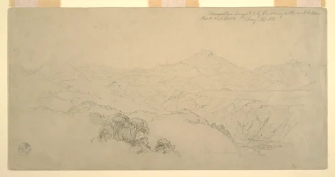 Teckning, Landskapskomposition: Föreslagen av scenerier på vägen mellan Paso, Colombia och Quito, Ecuador, 26 augusti 1853