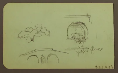 Teckning, Landskap, Figur; Verso: Träd, Bro, Växter, 1883