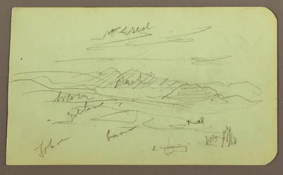 Teckning, Landskap, Toluca; Verso: Berg, Kyrka, 1883