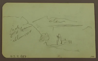 Teckning, Landskap, Toluca; Verso: Berg, Kyrka, 1883