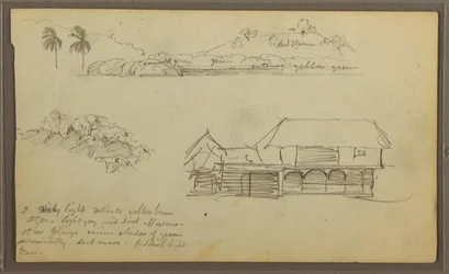 Teckning, Landskap, Trädkronor, hus, 1857