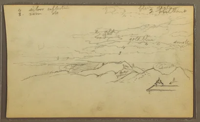 Teckning, Landskap; Verso: Båt, Botaniska skisser, 1857