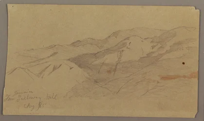 Teckning, Landskapsvy från Farm Galleway Hill, Jamaica, Västindien, augusti 1865
