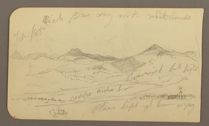 Teckning, Landskap, hus; Averso: Trädtopp, februari 1885