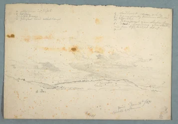Teckning, Landskap i Hudson Valley; a tergo: Skiss av kyrka med tre skepp, 14 juni 1870