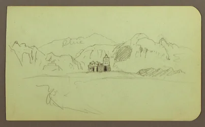 Teckning, Landskap med kyrka; A tergo: Landskap, 1883