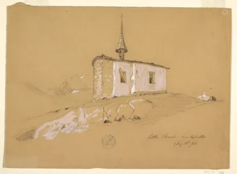 Teckning, "Lilla kyrkan nära Bel Arp", Berner Alperna, Schweiz, 28 augusti 1868