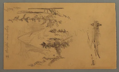 Teckning, Man i båt, Rocky Peak over Pines, möjligen 1868