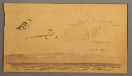 Teckning, Man i båt, fågel, klippor, kust, 6 juli 1859