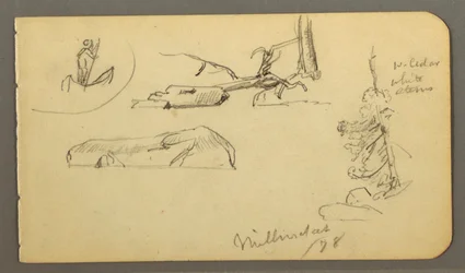 Teckning, Man i båt, stenblock, trädstam, träd, 1878