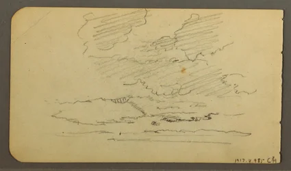 Teckning, Man i båt, stenblock, trädstam, träd, 1878