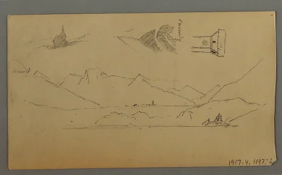 Teckning, medeltida slott, två torn, figurstudier, nära Thun, möjligen 1868