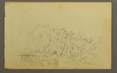 Ritning, kvarn omgiven av träd, 1845