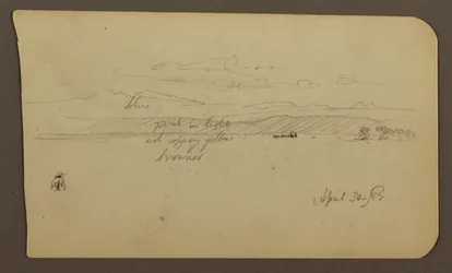 Teckning, Bergslandskap, Figur; Verso: Landskap, 30 april 1885