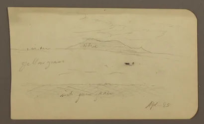Teckning, Bergslandskap; Averso: Kyrka med kupol, april 1885