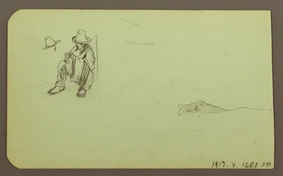 Teckning, bergslandskap; Averso: Sittande figur, berg, 1883