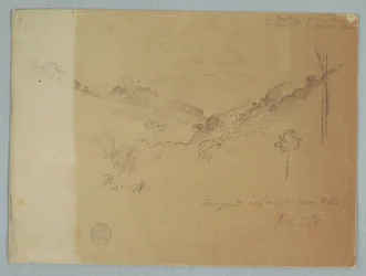 Teckning, Bergslandskap nära Jorje, Ecuador, 23 juli 1857