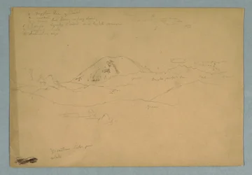 Teckning, bergstopp, möjligen Chimborazo, som reser sig över tre på varandra följande bergskedjor, Ecuador, 1857